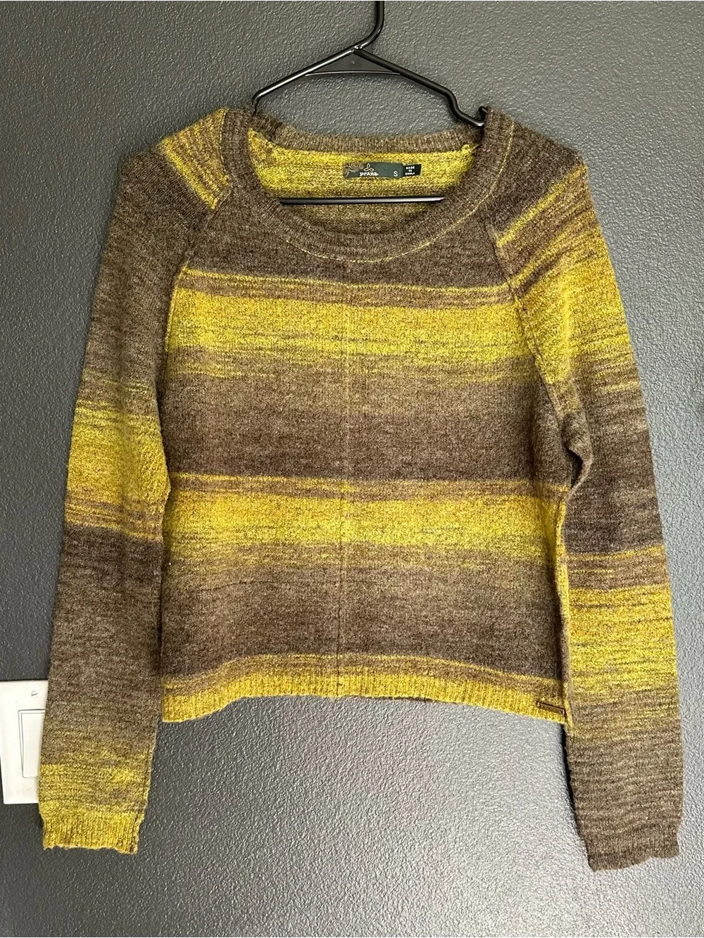 prAna Striped Wool Blend Knit Sweater Size Small Brown Mustard Yellow - Picture 2 of 6